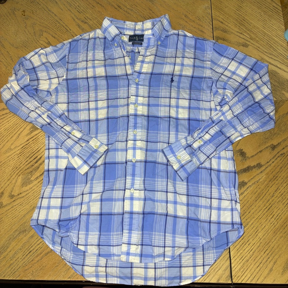 Ralph Lauren Mens Classic Fit Plaid Button Down Shirt Blue White L Long Sleeve